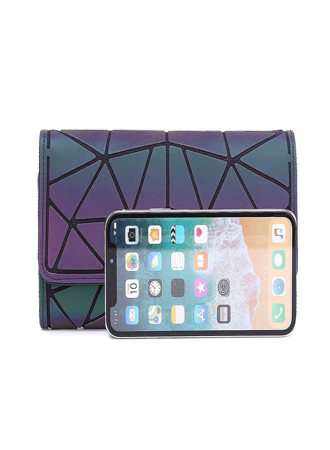QBLYN Geometric Rhomboids Lattice Long Wallet and Purse - Fashion Luminous Trifold Lattice Purse Clutch for Women,Luminous Geometric Wallet Holographic Reflective Clutch (Small) - Image 2